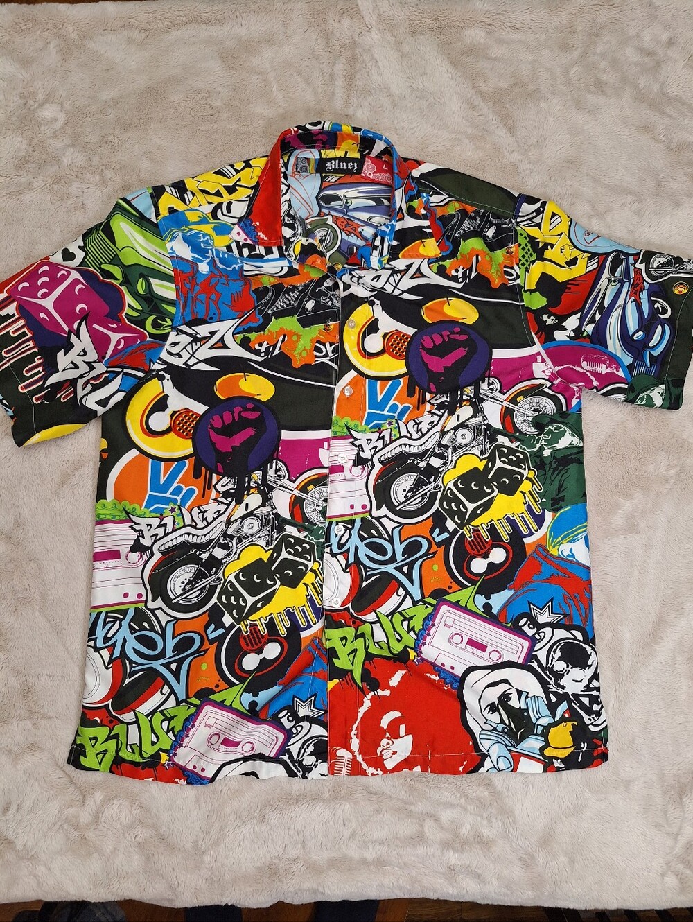 Vintage Bluez Streetwear Button Up Shirt Large Graffiti Sticker Bomb All Over